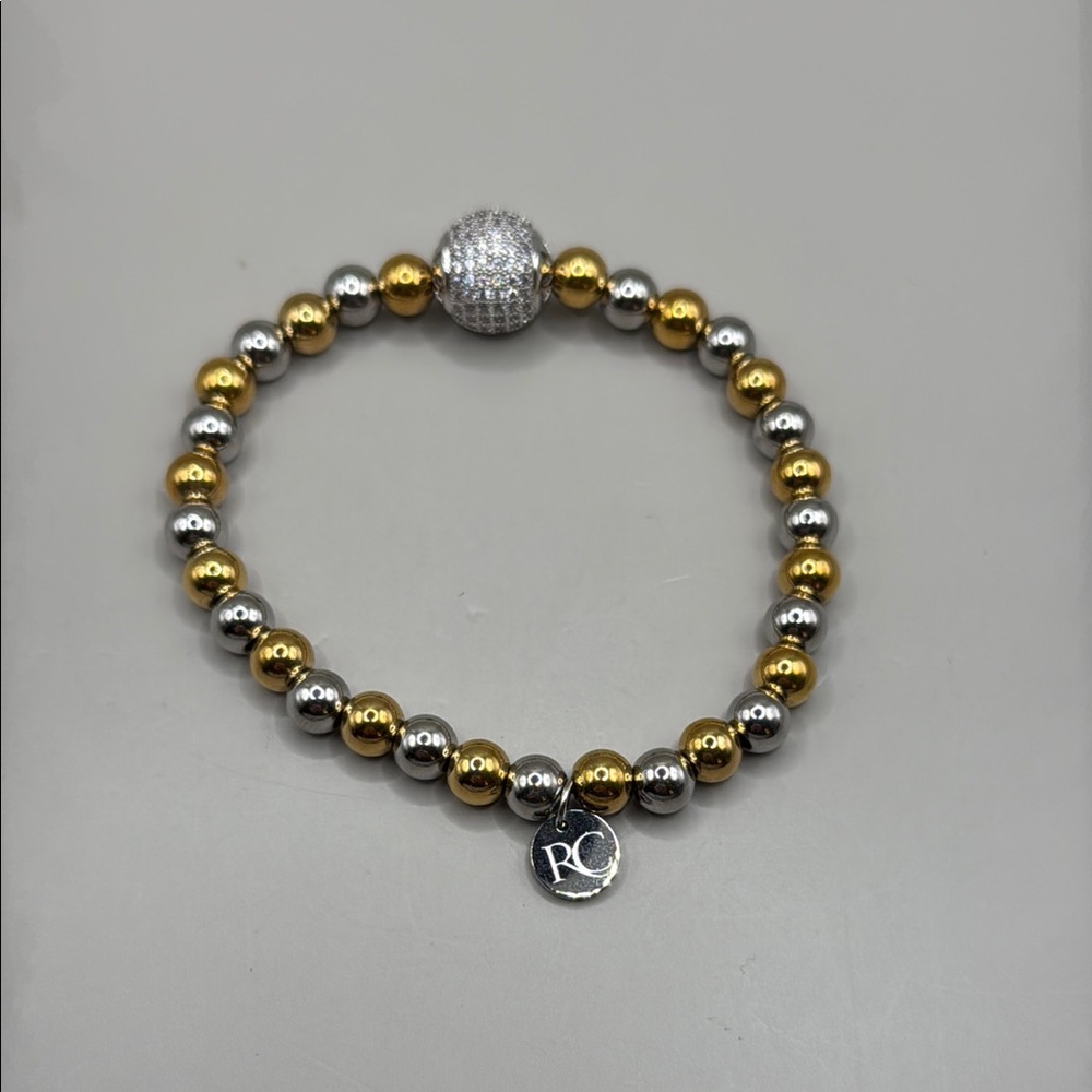 Vintage RC Royal Crown Gold Silver Tone Beaded Rhinestone Bangle Cuff Bracelet